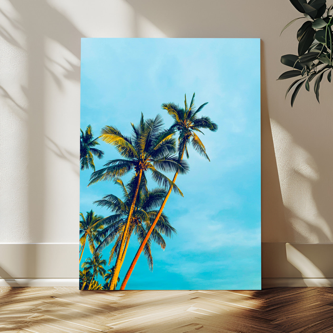 62885569-MGV-CV-24X36-Palm Trees Wall Art Canvas Print, Framed Tropical Vibes Art Picture Print, Blue Sky Perfect Coastal Boho Decor Artwork