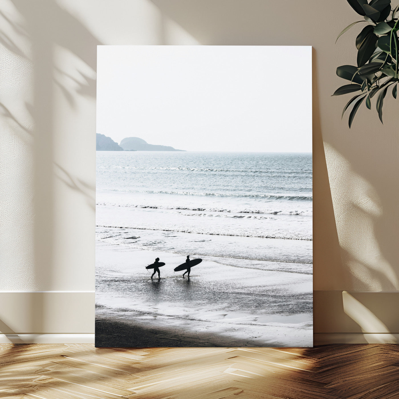 58090796-MGV-CV-24X36-Surfer Silhouettes Wall Art Canvas Print, Framed Minimalist Ocean Art Picture Print, Soft Horizon Perfect Minimalist Coastal Decor