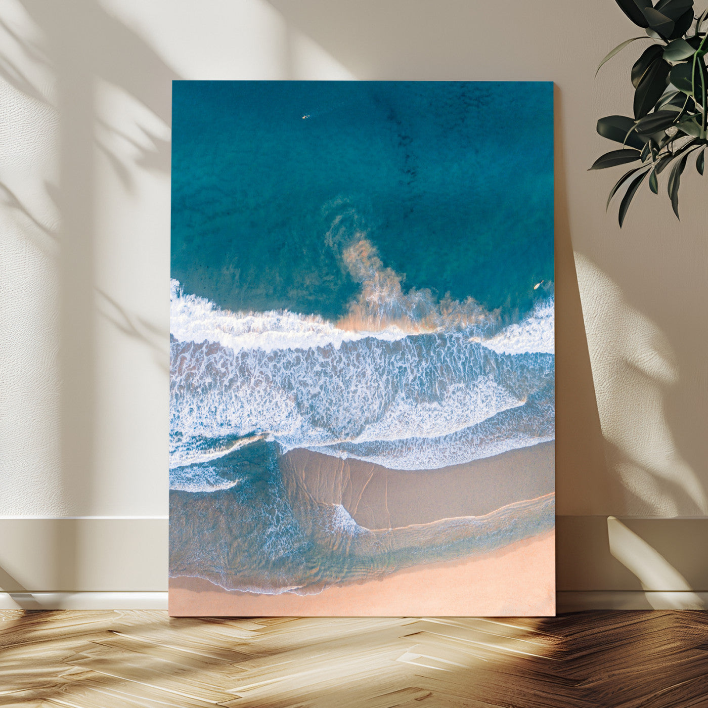 97740681-MGV-CV-24X36-Aerial Beach View Wall Art Canvas Print, Framed Ocean Waves Art Picture Print, Coastal Serenity Perfect Coastal Minimalist Decor