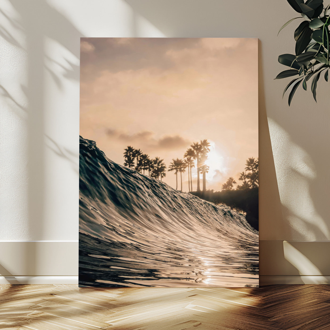 80487302-MGV-CV-24X36-Coastal Sunset Wall Art – Golden Ocean Wave and Palm Trees Canvas Print, Tropical Photography Decor for Bedroom, Living Room,