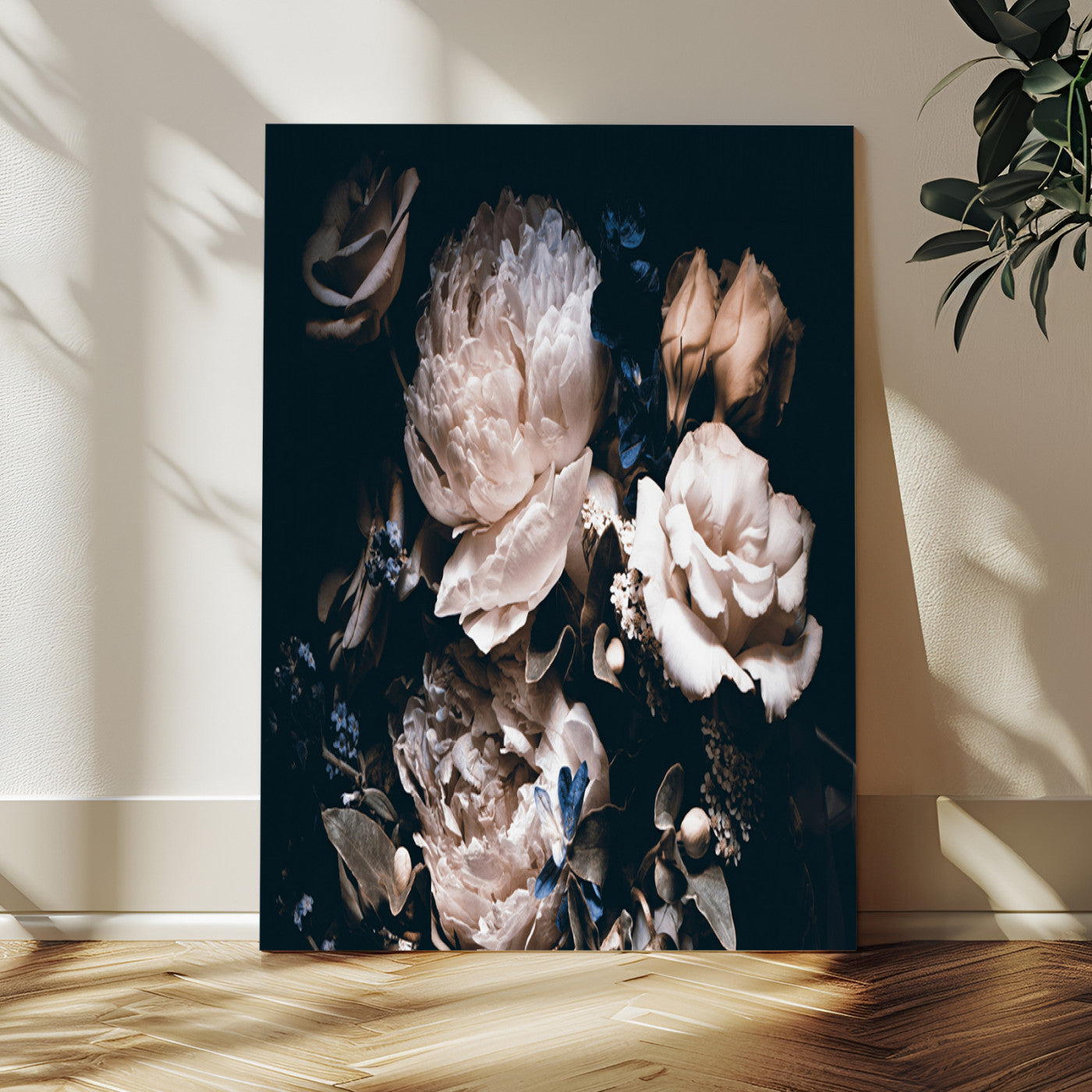 47195-MGV-CV-24X36-Moody Peonies Wall Art Canvas Print, Framed Dark Floral Art Picture Print, Creamy Rose Perfect Baroque Floral Decor Artwork