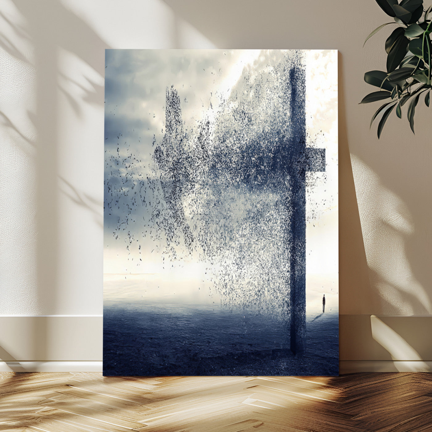 98984-MGV-CV-24X36-Disintegrating Cross Wall Art Canvas Print, Framed Abstract Symbol Art Picture Print, Conceptual Horizon Perfect Spiritual