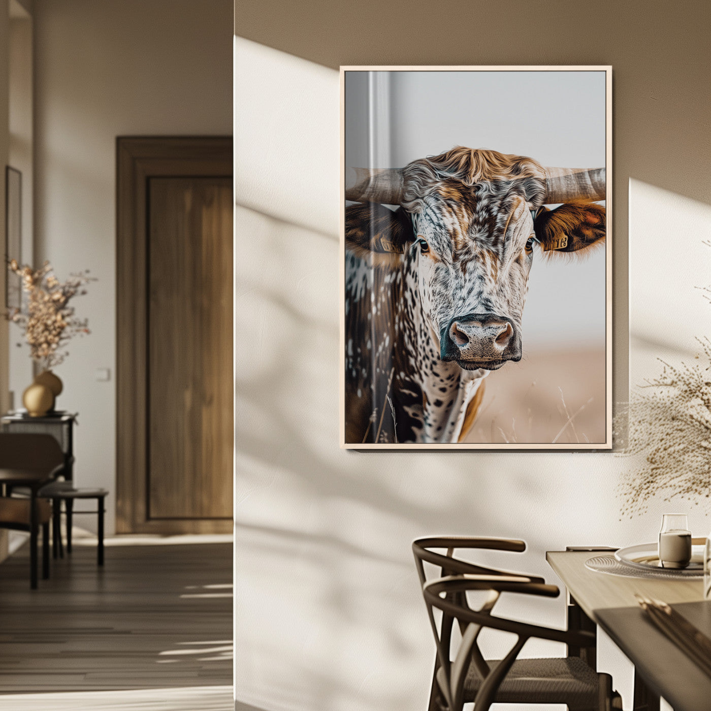 50803532-MGV-FP-48X32-3P_Natural-Texas Longhorn Wall Art Canvas Print, Framed Speckled Cow Art Picture Print, Horned Bull Perfect Rustic Western Decor Artwork