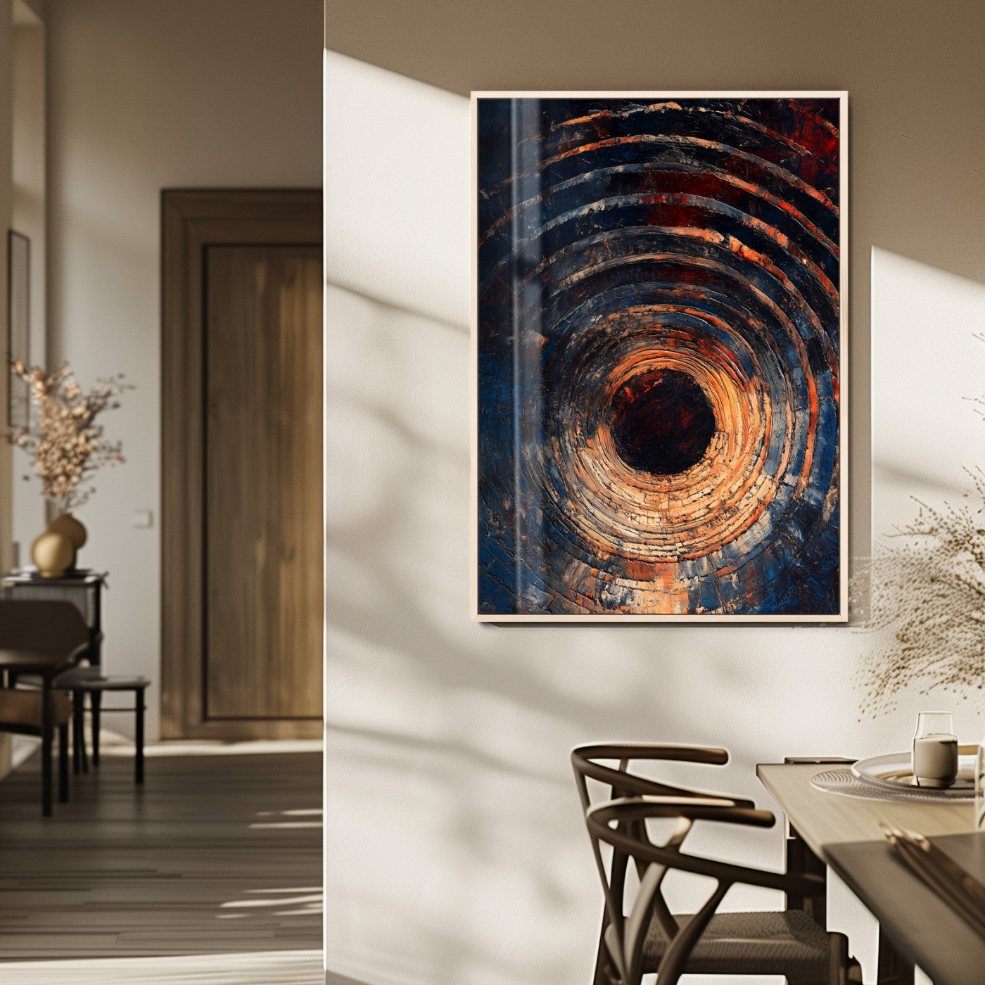 95449028-MGV-FP-48X32-3P_Natural-Textured Spiral Wall Art Canvas Print, Framed Abstract Void Art Picture Print, Wooden Vortex Perfect Modern Industrial Decor