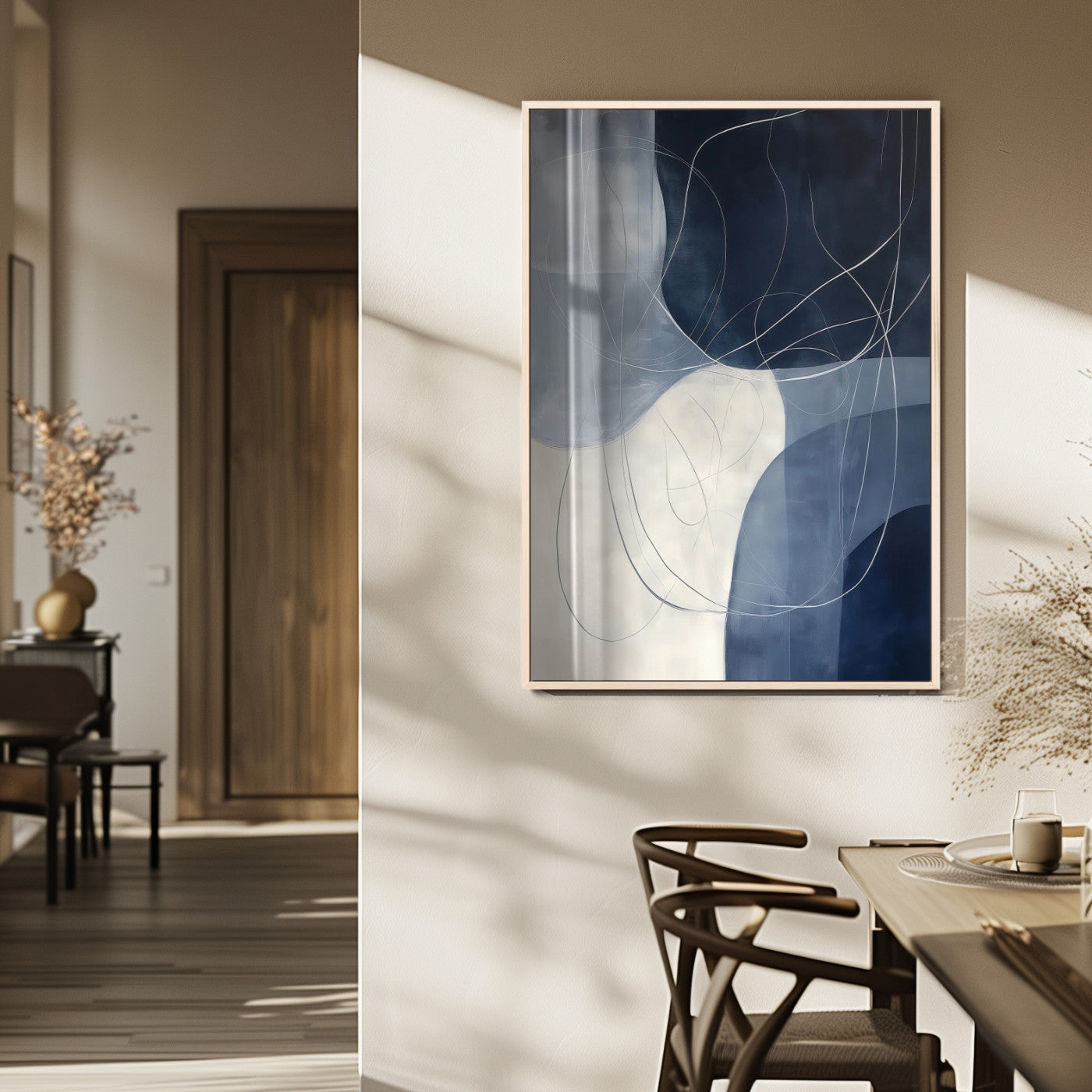 62566633-MGV-FP-48X32-3P_Natural-Navy Abstract Wall Art Canvas Print, Framed Minimal Lineart Art Picture Print, Abstract Shapes Perfect Minimalist Abstract Decor