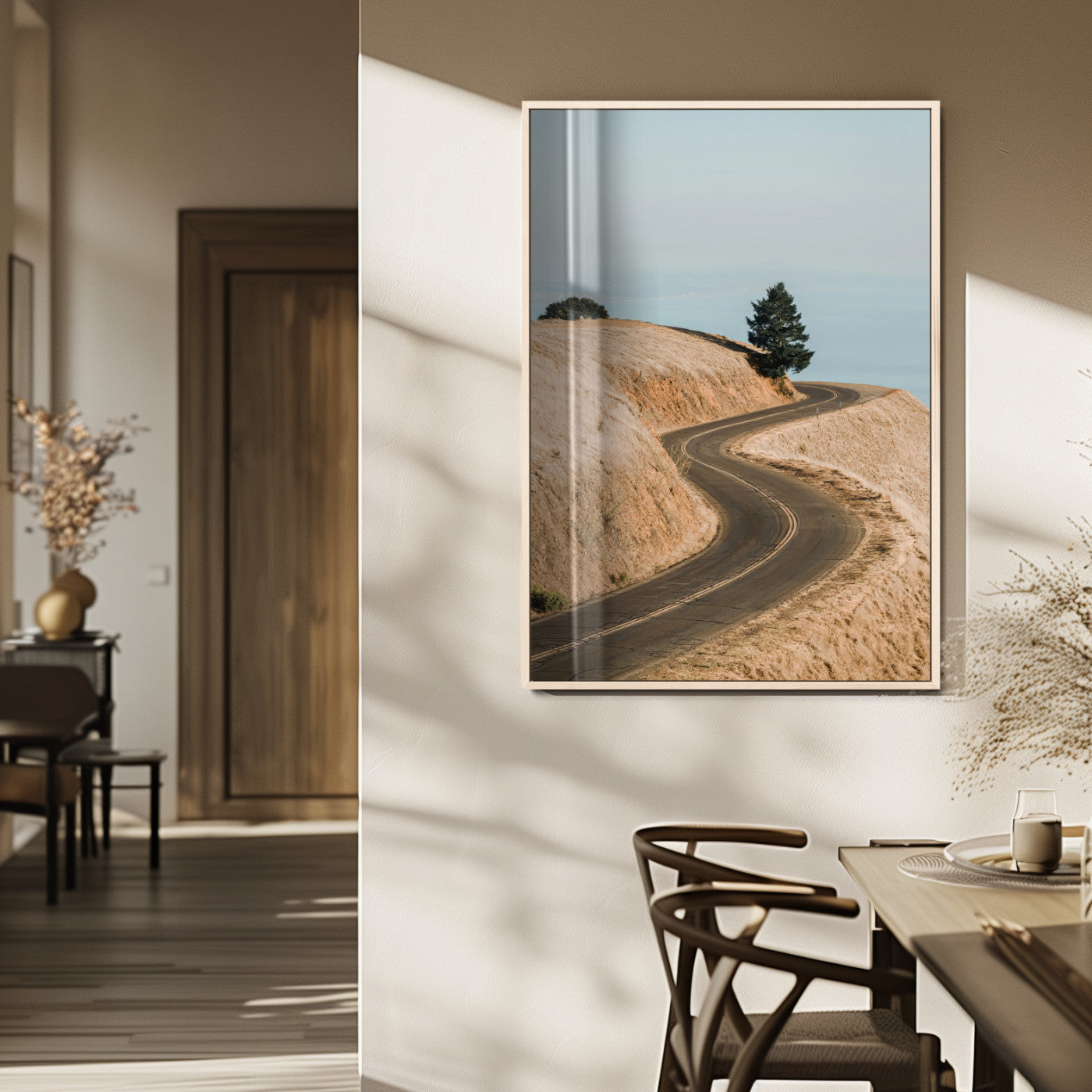 54702459-MGV-FP-48X32-3P_Natural-Desert Road Wall Art Canvas Print, Framed Earthy Landscape Art Picture Print, Minimal Scenic Perfect Rustic Minimalist Decor