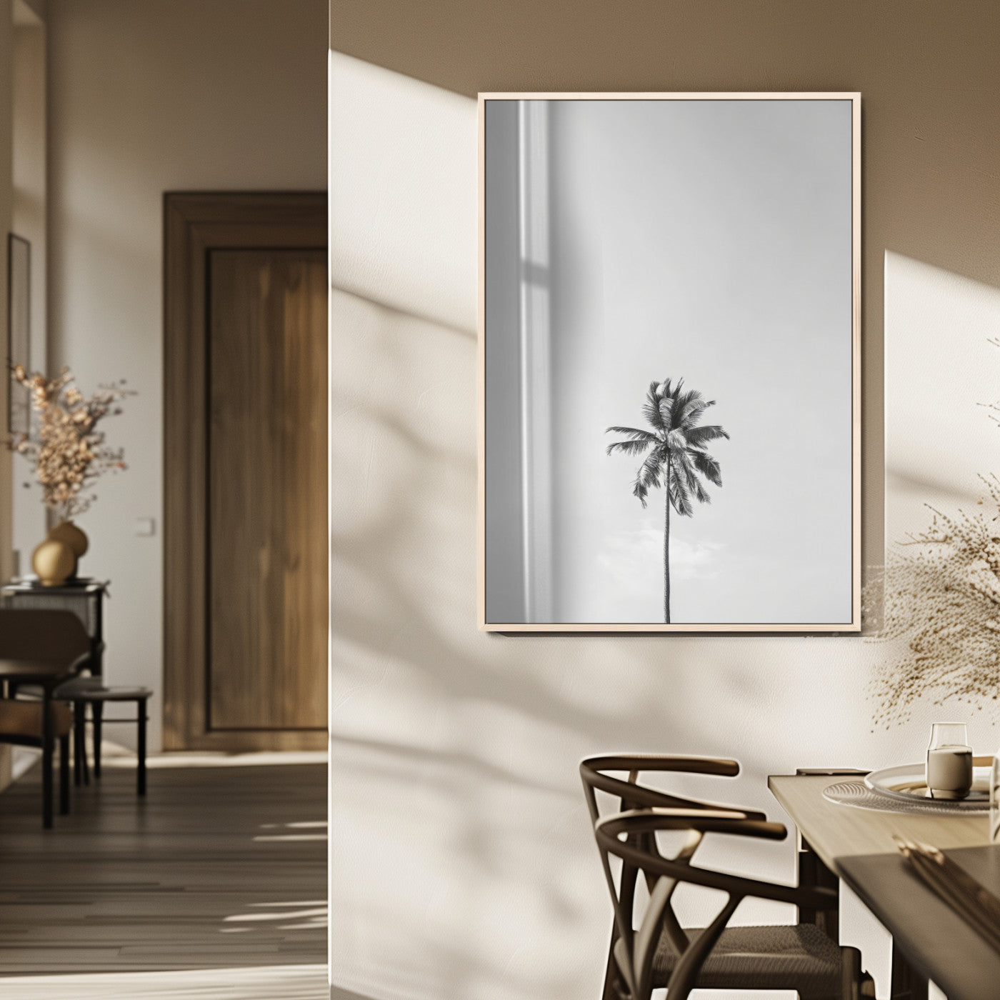 67263674-MGV-CV-24X36-Lone Palm Tree Wall Art Canvas Print, Framed Minimalist Tropical Art Picture Print, Monochrome Beach Perfect Modern Coastal