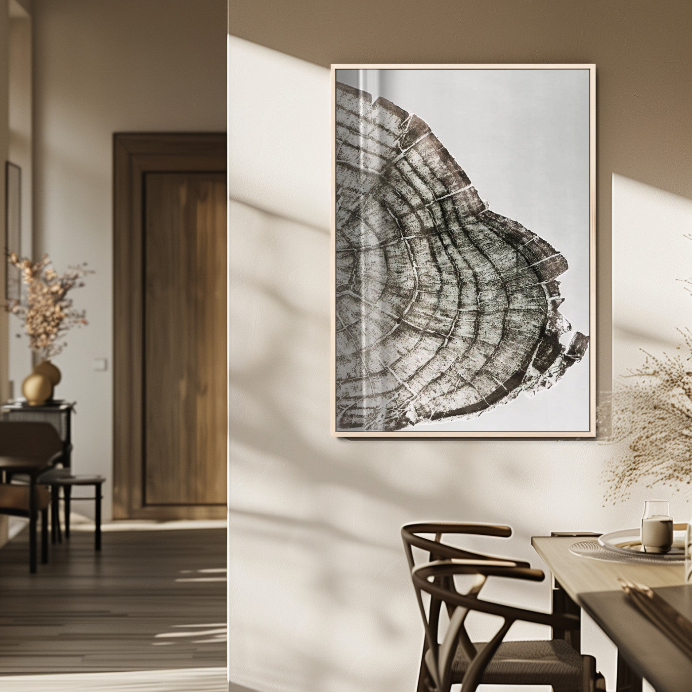 57798204-MGV-FP-48X32-3P_Natural-Botanical Tree Ring Wall Art Canvas Print, Framed Earth Tones Art Picture Print, Tree Ring Canvas Perfect Scandinavian Minimalist