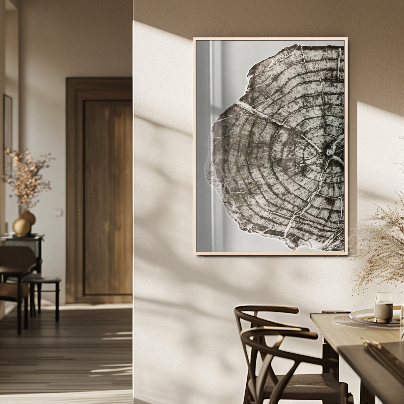 11167473-MGV-FP-48X32-3P_Natural-Rustic Wall Decor Wall Art Canvas Print, Framed Modern Lodge Style Art Picture Print, Neutral Wood Slice Perfect Scandinavian