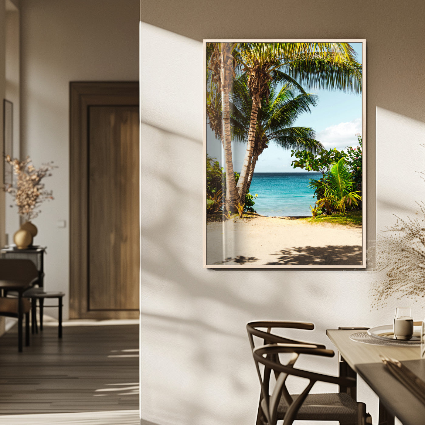 10046923-MGV-FP-48X32-3P_Natural-Palm Tree Canvas Wall Art Canvas Print, Framed Coastal Wall Art Art Picture Print, Island Wall Decor Perfect Coastal Tropical