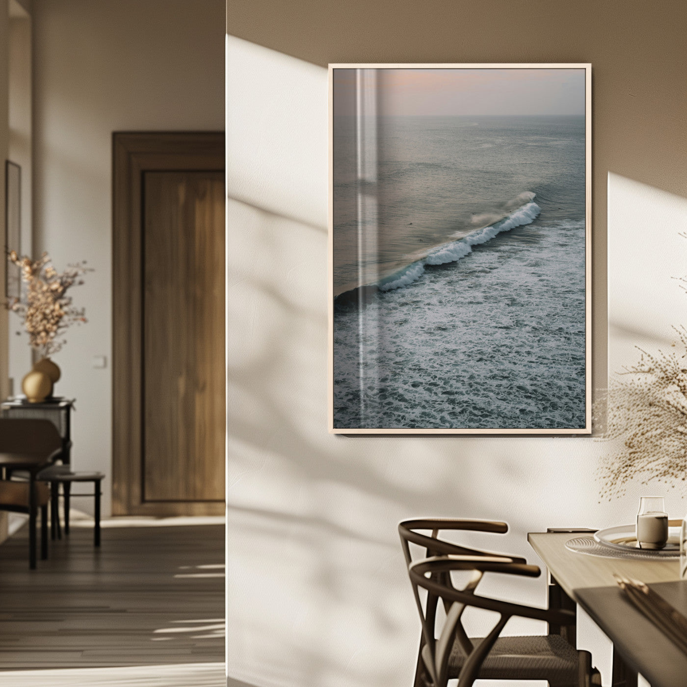 88999168-MGV-FP-48X32-3P_Natural-Ocean Waves Wall Art Canvas Print, Framed Coastal Serenity Art Picture Print, Relaxing Ocean Perfect Modern Coastal Decor Artwork