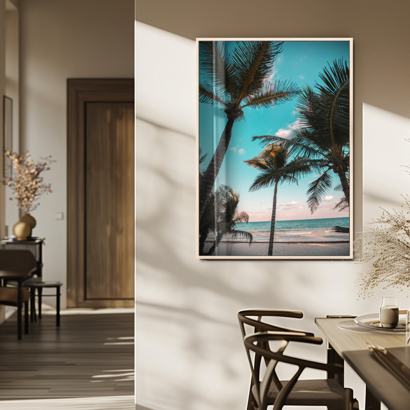 49451039-MGV-FP-48X32-3P_Natural-Palm Trees Wall Art Canvas Print, Framed Tropical Beach Art Picture Print, Ocean Breeze Perfect Tropical Coastal Decor Artwork