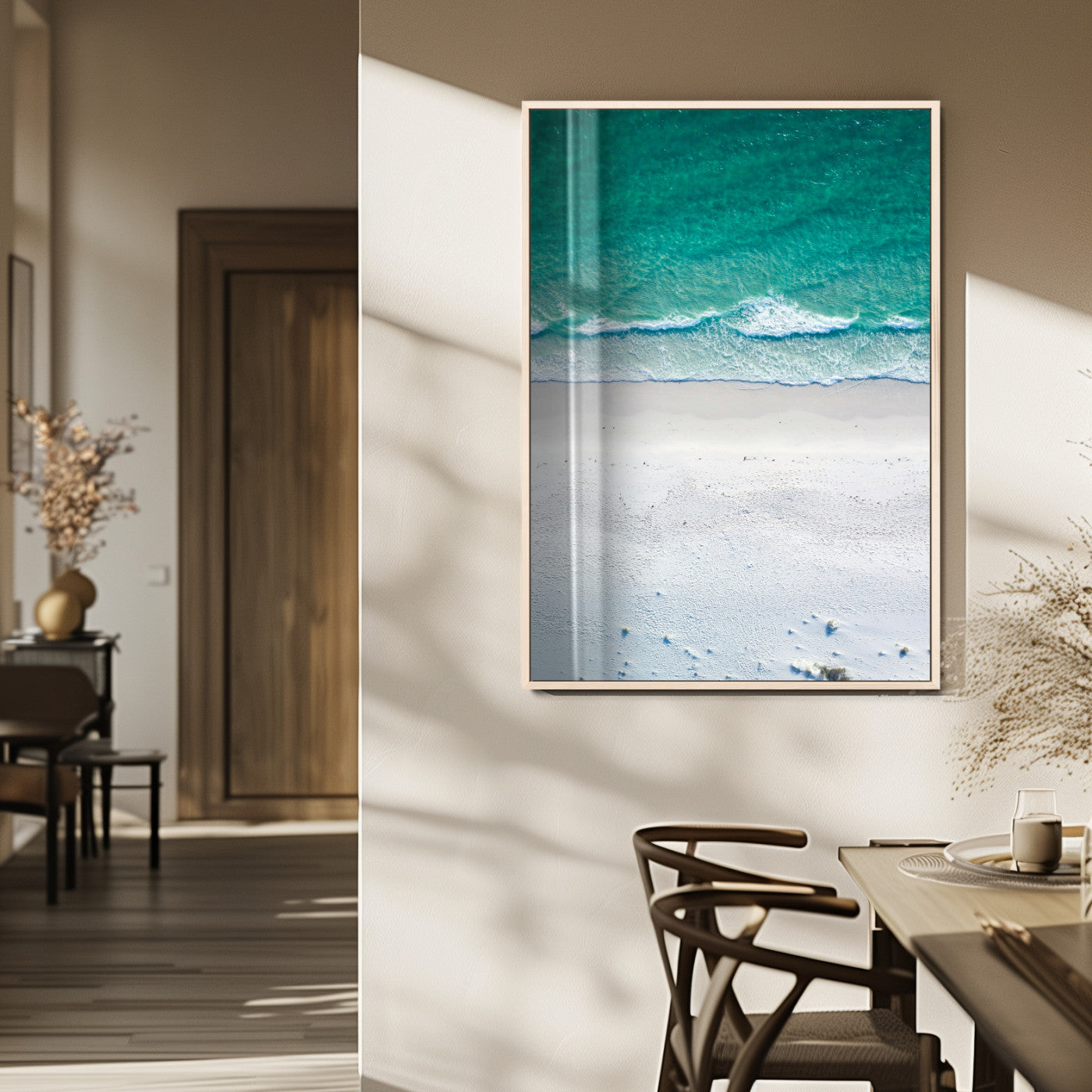 26150405-MGV-FP-48X32-3P_Natural-Soft Waves Wall Art Canvas Print, Framed Seaside Escape Art Picture Print, Minimalist Beach Aesthetic Perfect Coastal Minimalist