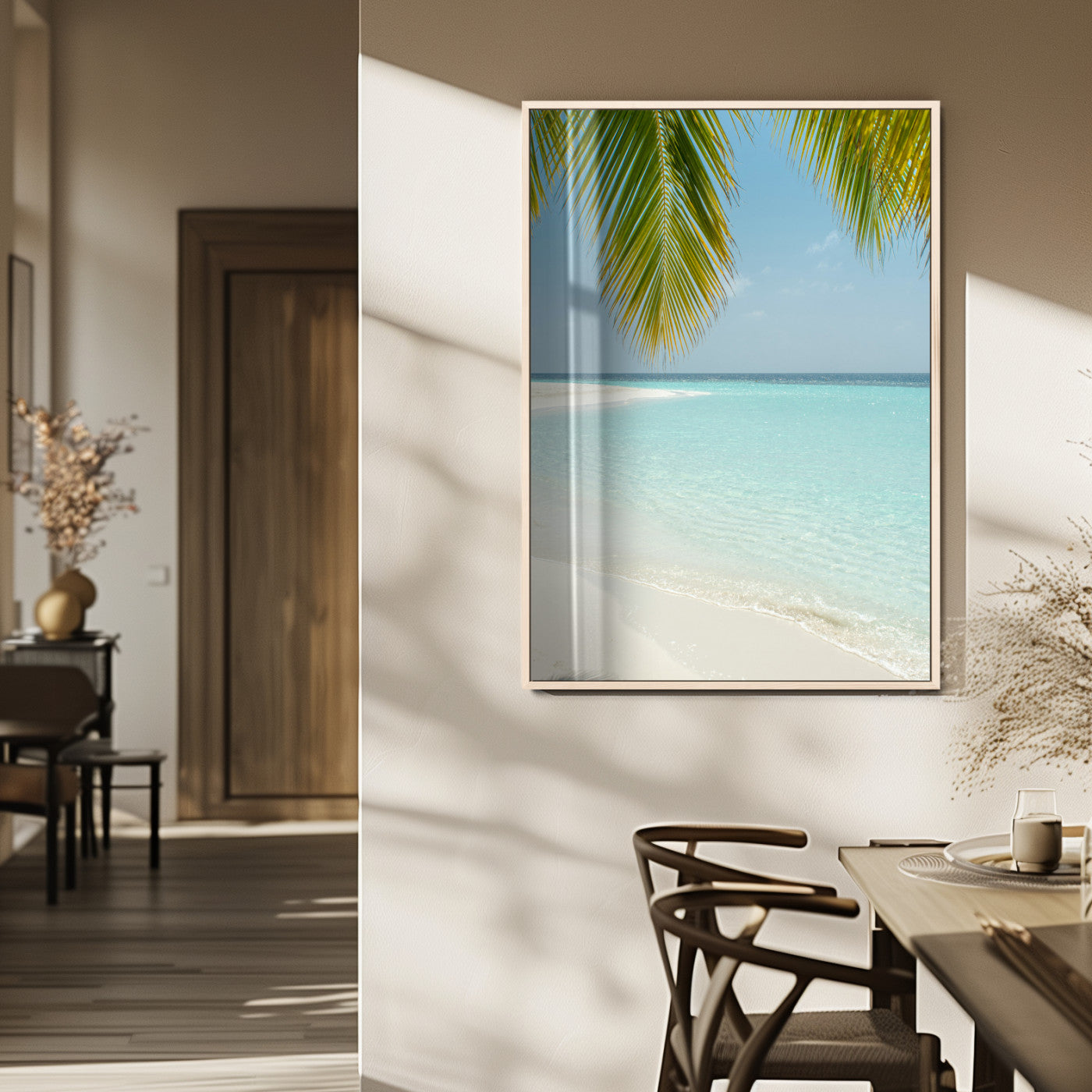 90359351-MGV-FP-48X32-3P_Natural-Azure Water Wall Art Canvas Print, Framed Tranquil Island Escape Art Picture Print, Clear Blue Ocean Perfect Coastal Minimalist