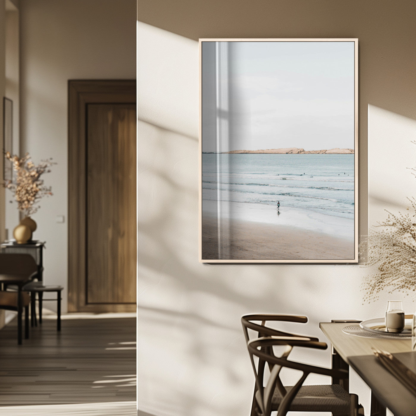 66350373-MGV-FP-48X32-3P_Natural-Minimalist Beach Wall Art Canvas Print, Framed Soft Blue Tones Art Picture Print, Tranquil Ocean Perfect Coastal Minimalist Decor