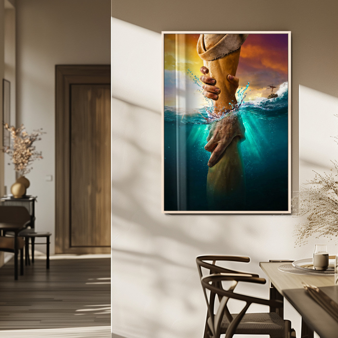 68298058-MGV-FP-48X32-3P_Natural-Inspirational Wall Art – Helping Hands Canvas Print, Powerful Ocean and Light Photography Decor for Bedroom, Living Room, Office