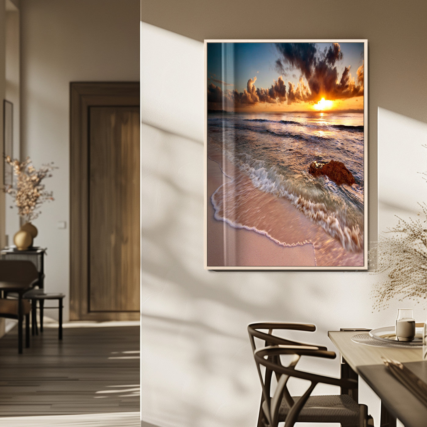 14930-MGV-FP-48X32-3P_Natural-Beach Sunset Wall Art Canvas Print, Framed Ocean Horizon Art Picture Print, Tropical Shore Perfect Minimalist Coastal Decor