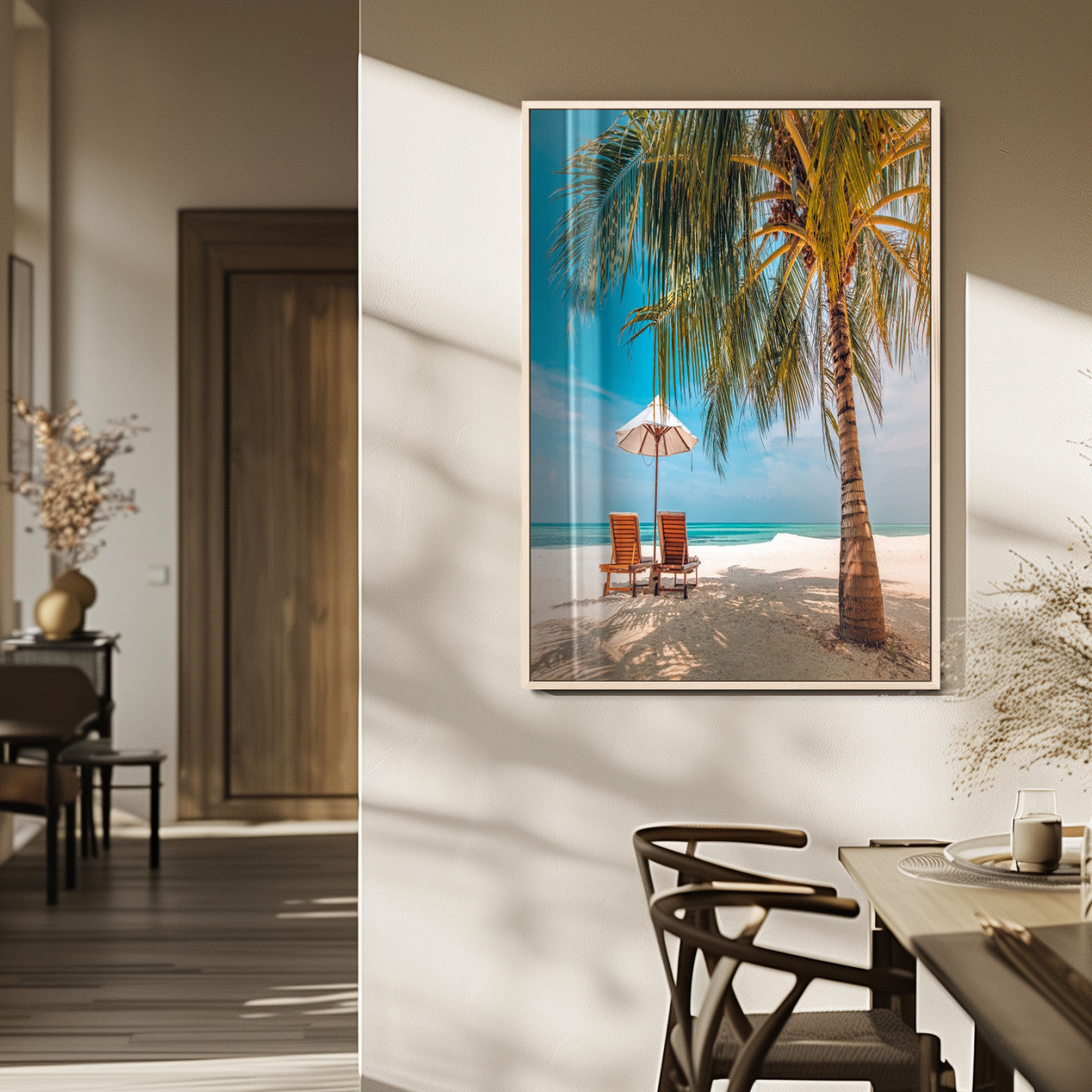 51024-MGV-FP-48X32-3P_Natural-Tropical Beach Wall Art Canvas Print, Framed Palm Tree Art Picture Print, Sandy Shoreline Perfect Minimalist Coastal Decor Artwork