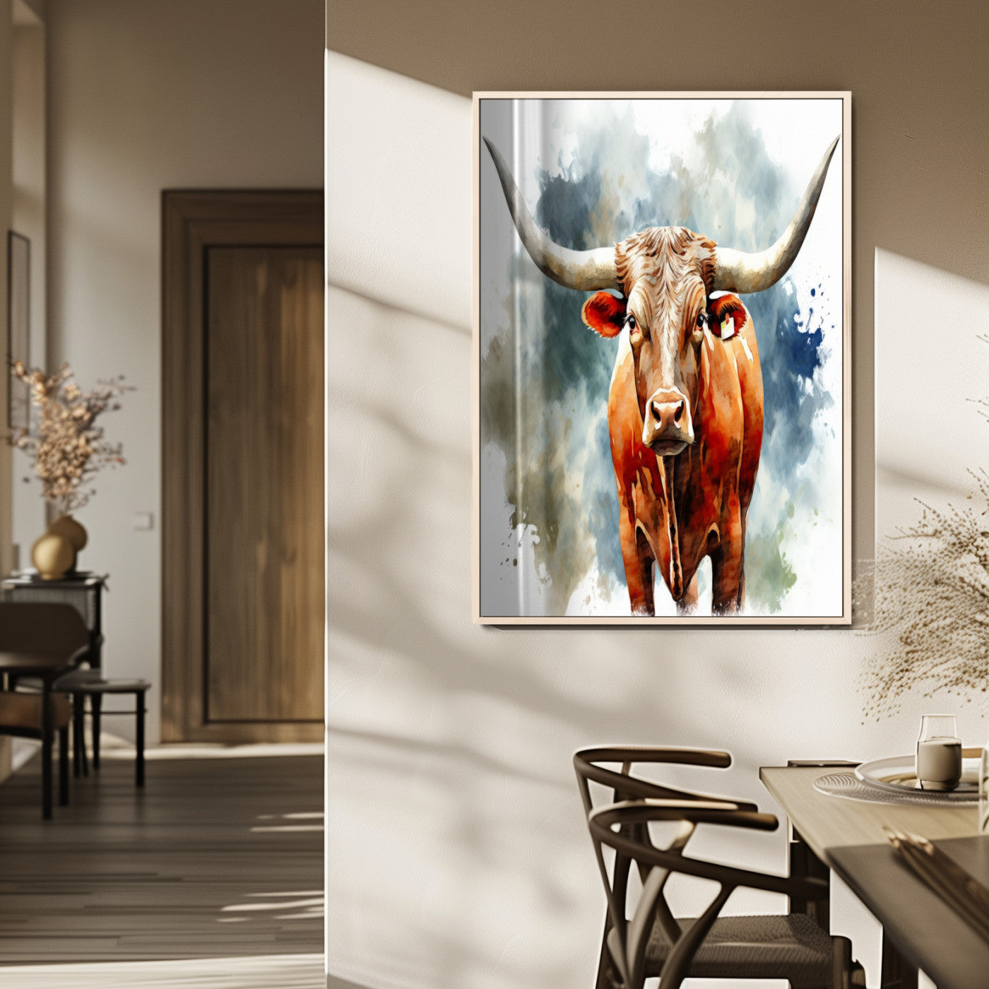 39803-MGV-FP-48X32-3P_Natural-Texas Longhorn Wall Art Canvas Print, Framed Rustic Cattle Art Picture Print, Western Bull Perfect Rustic Western Decor Artwork