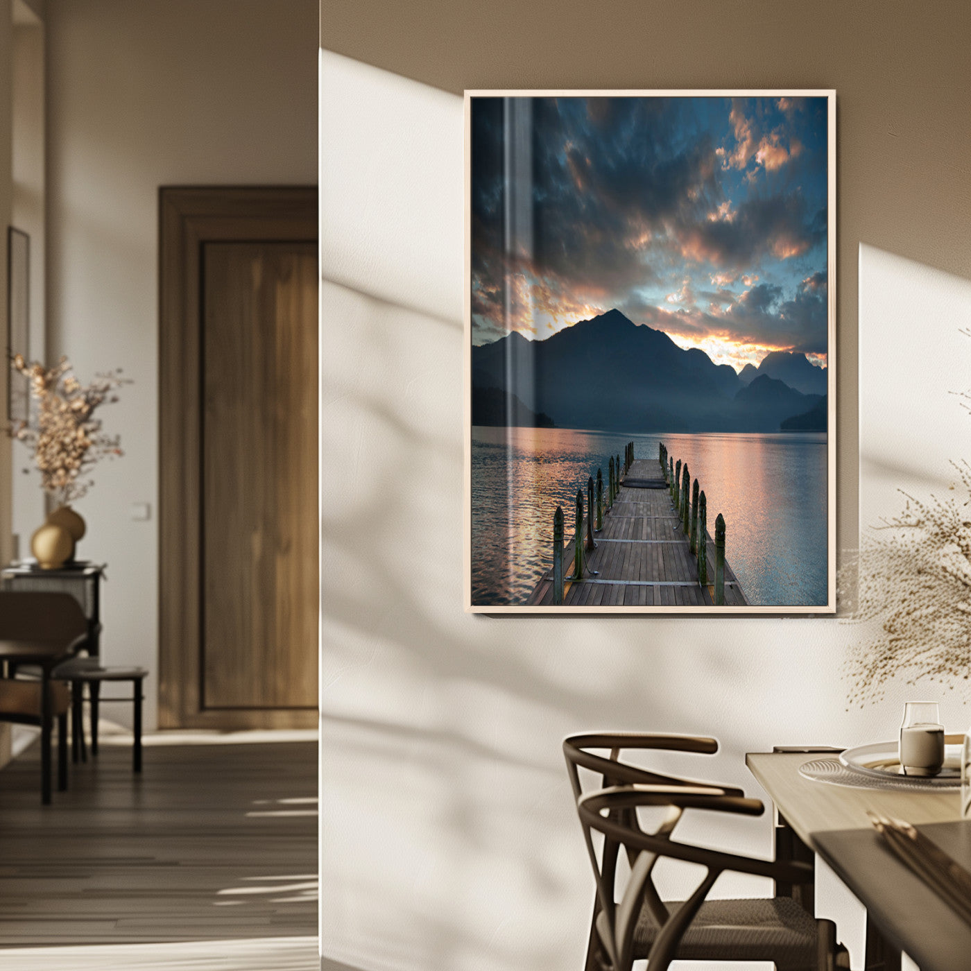 16043-MGV-FP-48X32-3P_Natural-Mountain Lake Wall Art Canvas Print, Framed Sunset Reflection Art Picture Print, Calm Horizon Perfect Moody Nature Decor Artwork