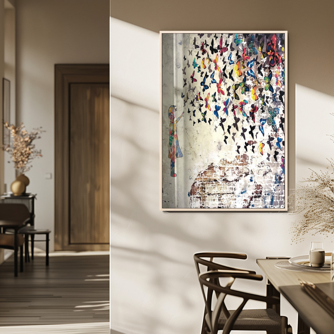 50039-MGV-FP-48X32-3P_Natural-Colorful Girl Wall Art Canvas Print, Framed Butterfly Swarm Art Picture Print, Urban Graffiti Perfect Urban Whimsical Decor