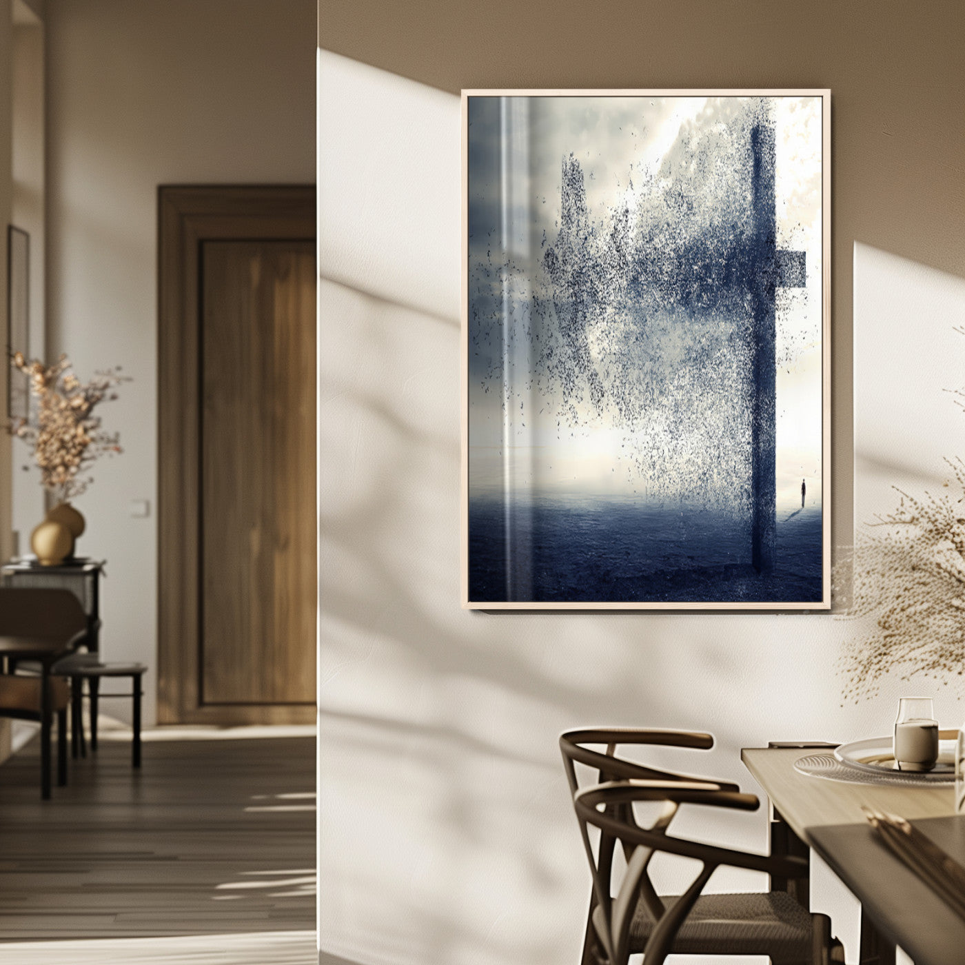 98984-MGV-FP-48X32-3P_Natural-Disintegrating Cross Wall Art Canvas Print, Framed Abstract Symbol Art Picture Print, Conceptual Horizon Perfect Spiritual