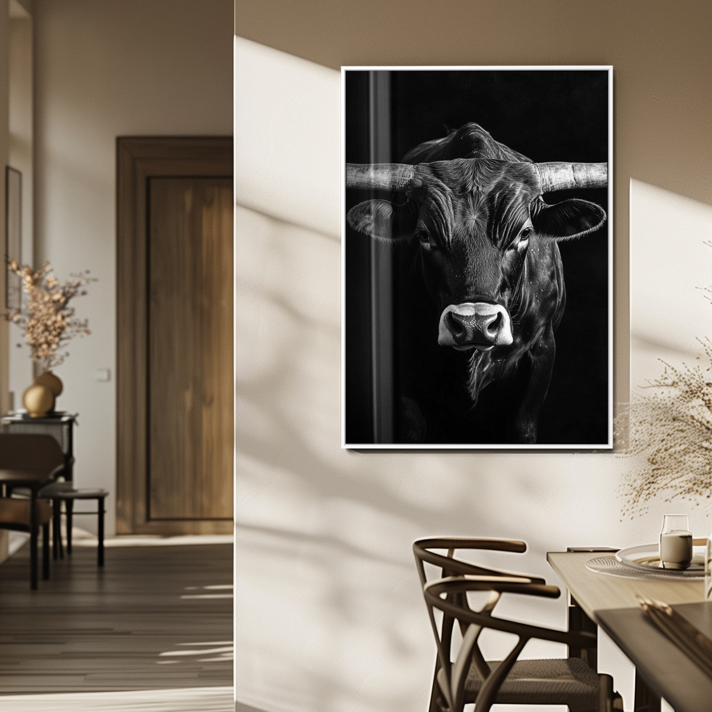 75358747-MGV-FP-48X32-3P_White-Texas Longhorn Wall Art Canvas Print, Framed Monochrome Bull Art Picture Print, Horned Bull Perfect Minimalist Western Decor