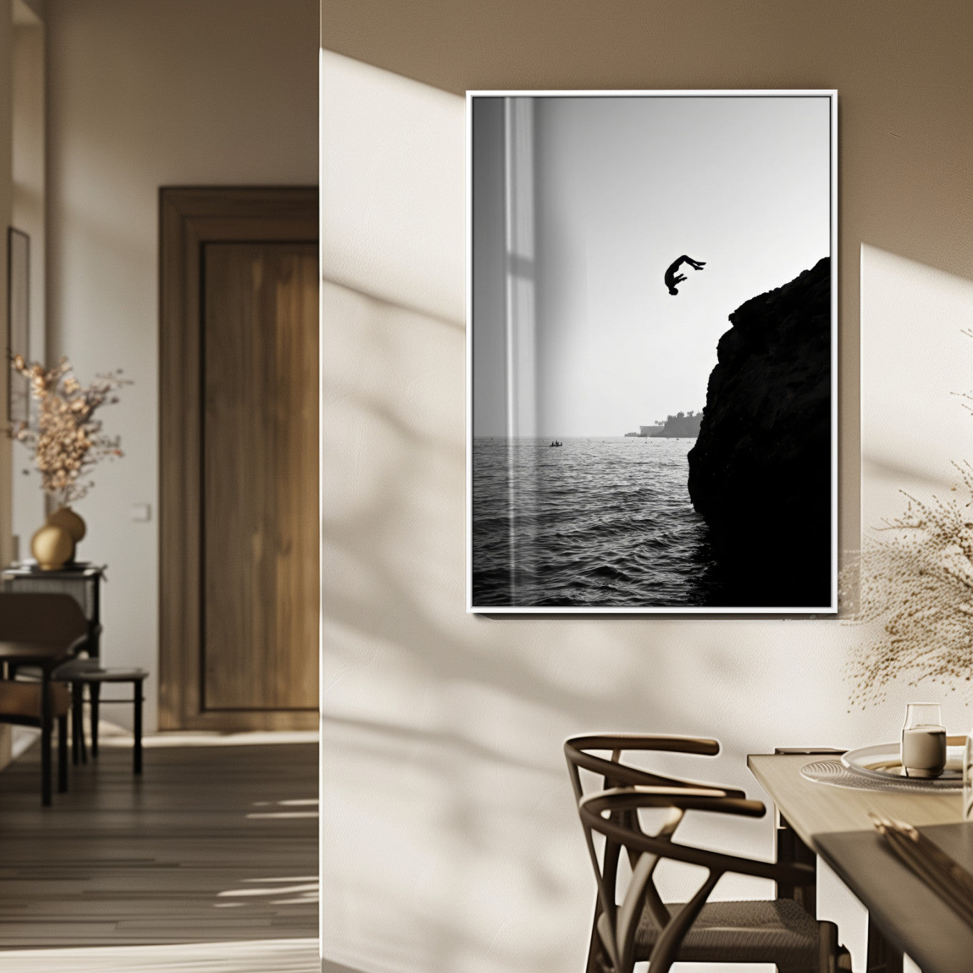 99497106-MGV-CV-24X36-Cliff Jumping Wall Art Canvas Print, Framed Black White Ocean Art Picture Print, Monochrome Cliff Perfect Minimalist Adventure