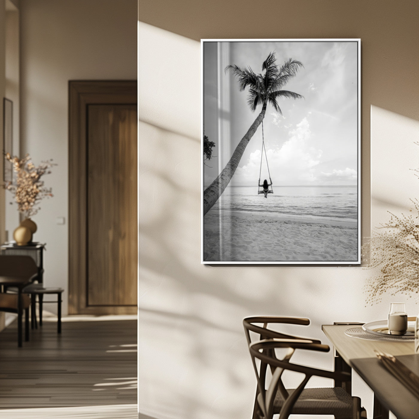 78460277-MGV-CV-24X36-Black White Palms Wall Art Canvas Print, Framed Beach Swing Art Picture Print, Monochrome Coastal Perfect Minimalist Coastal Decor