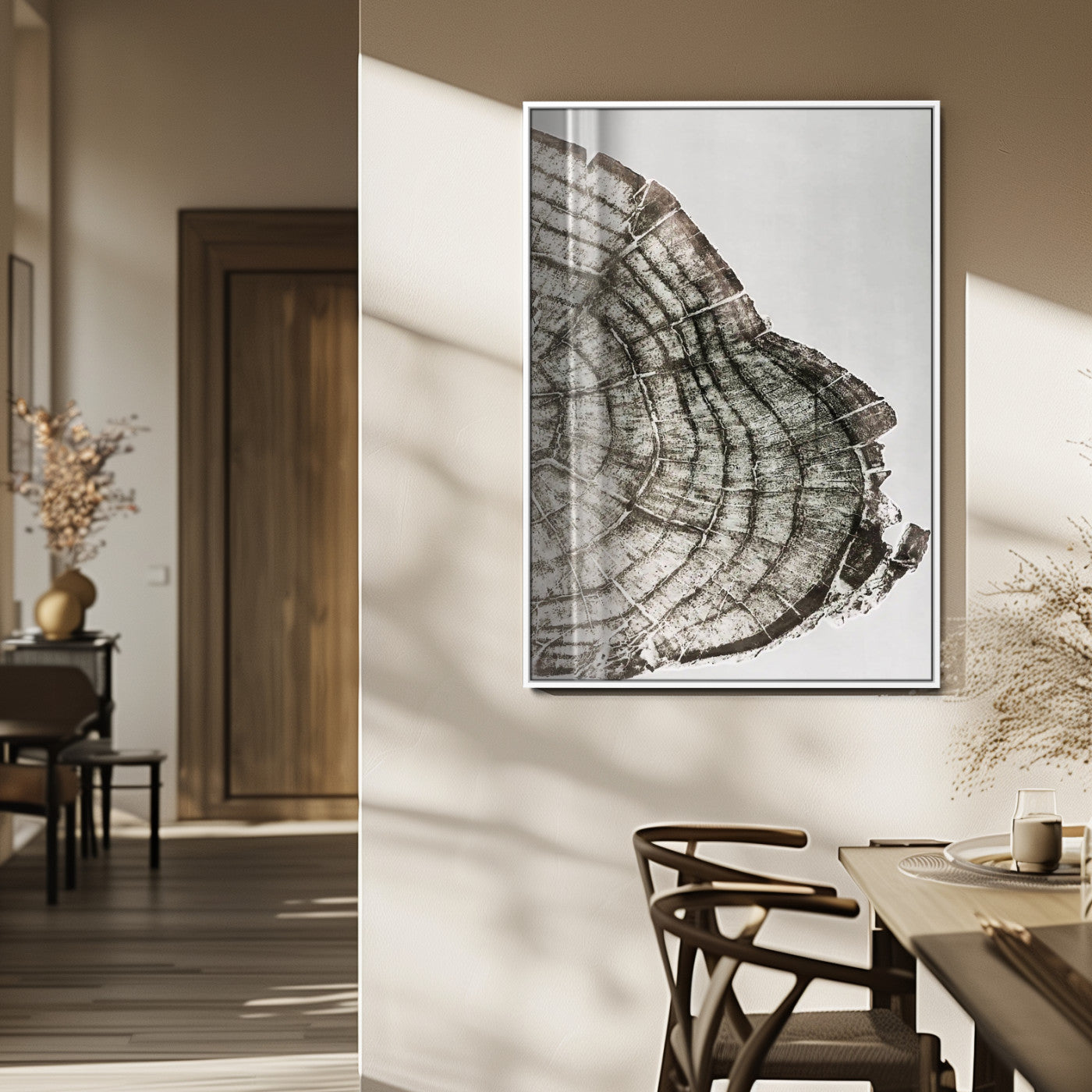 57798204-MGV-FP-48X32-3P_White-Botanical Tree Ring Wall Art Canvas Print, Framed Earth Tones Art Picture Print, Tree Ring Canvas Perfect Scandinavian Minimalist