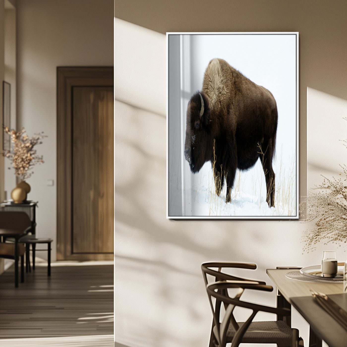 76778120-MGV-FP-48X32-3P_White-Bison Photography Wall Art Canvas Print, Framed Western Wildlife Art Picture Print, Buffalo On Snow Perfect Western Rustic Decor