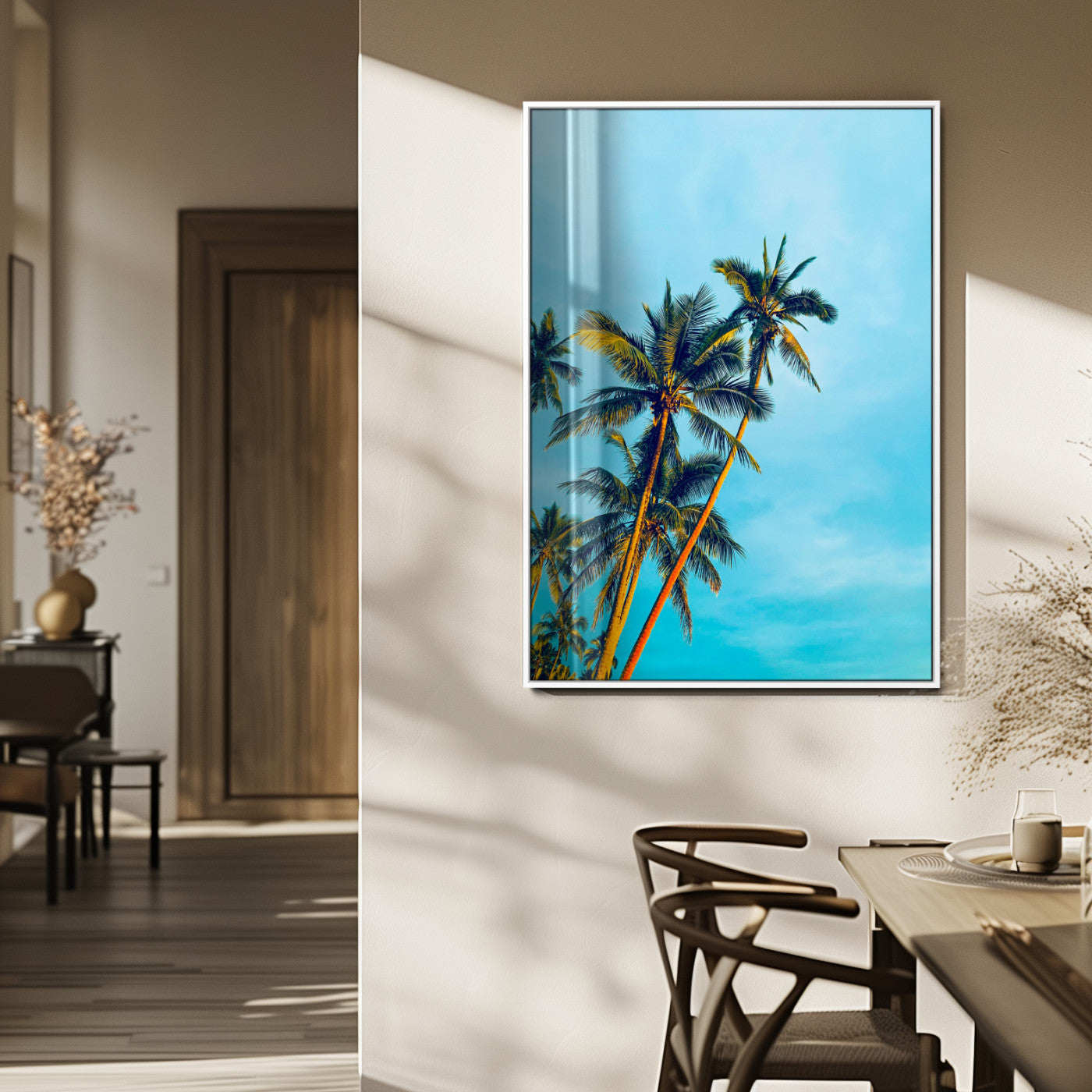 62885569-MGV-FP-48X32-3P_White-Palm Trees Wall Art Canvas Print, Framed Tropical Vibes Art Picture Print, Blue Sky Perfect Coastal Boho Decor Artwork