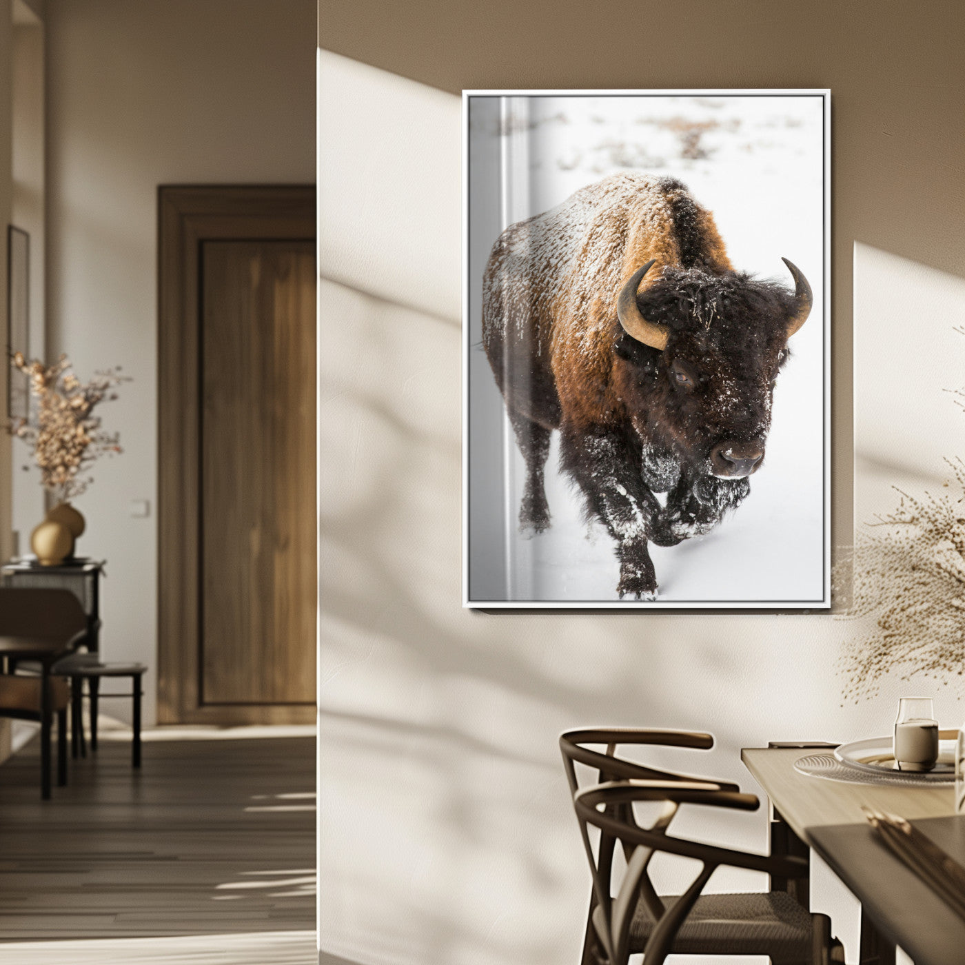 19448944-MGV-FP-48X32-3P_White-Winter Wilderness Wall Art Canvas Print, Framed Brown Tones Art Picture Print, Nature Close-Up Perfect Rustic Lodge Decor Decor