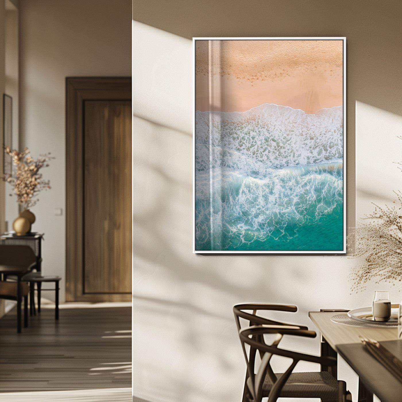 91434062-MGV-FP-48X32-3P_White-Beach Aerial Wall Art Canvas Print, Framed Soft Waves Art Picture Print, Ocean Tranquility Perfect Coastal Minimalist Decor