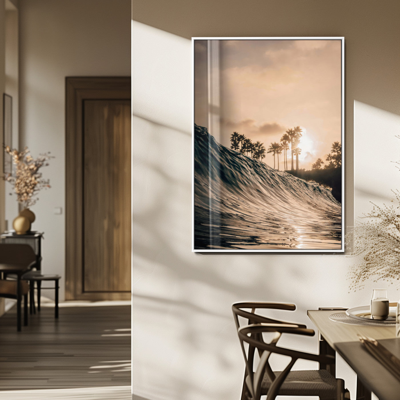80487302-MGV-FP-48X32-3P_White-Coastal Sunset Wall Art – Golden Ocean Wave and Palm Trees Canvas Print, Tropical Photography Decor for Bedroom, Living Room,