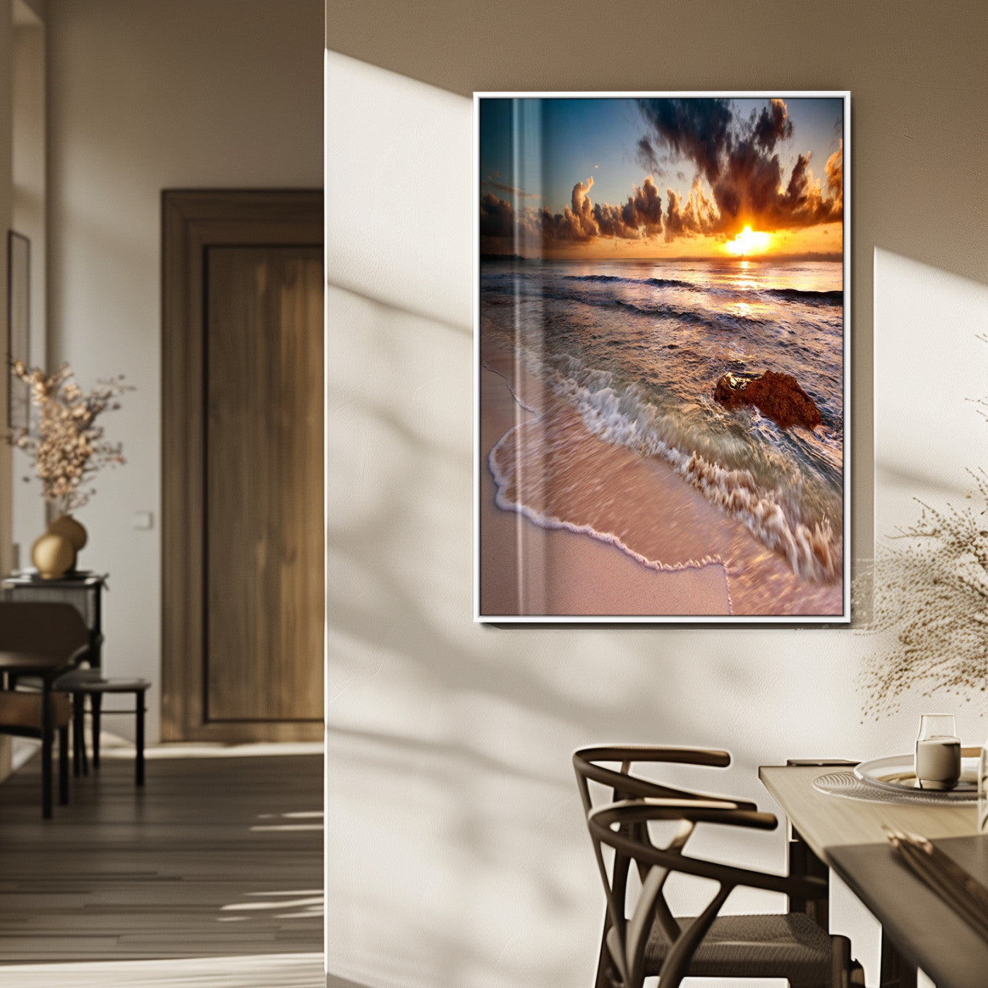 14930-MGV-FP-48X32-3P_White-Beach Sunset Wall Art Canvas Print, Framed Ocean Horizon Art Picture Print, Tropical Shore Perfect Minimalist Coastal Decor