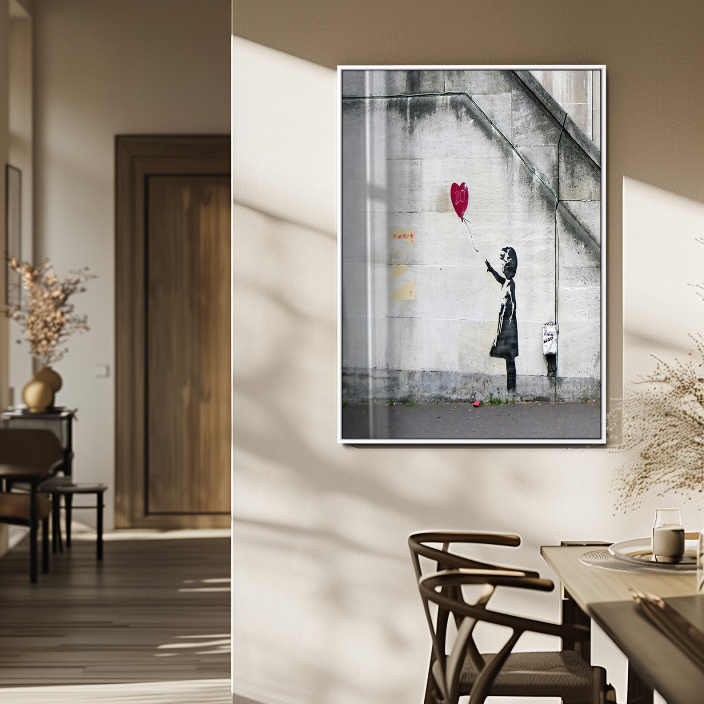 35033-MGV-FP-48X32-3P_White-Balloon Girl Wall Art Canvas Print, Framed Street Banksy Art Picture Print, Urban Contrast Perfect Minimal Urban Decor Artwork