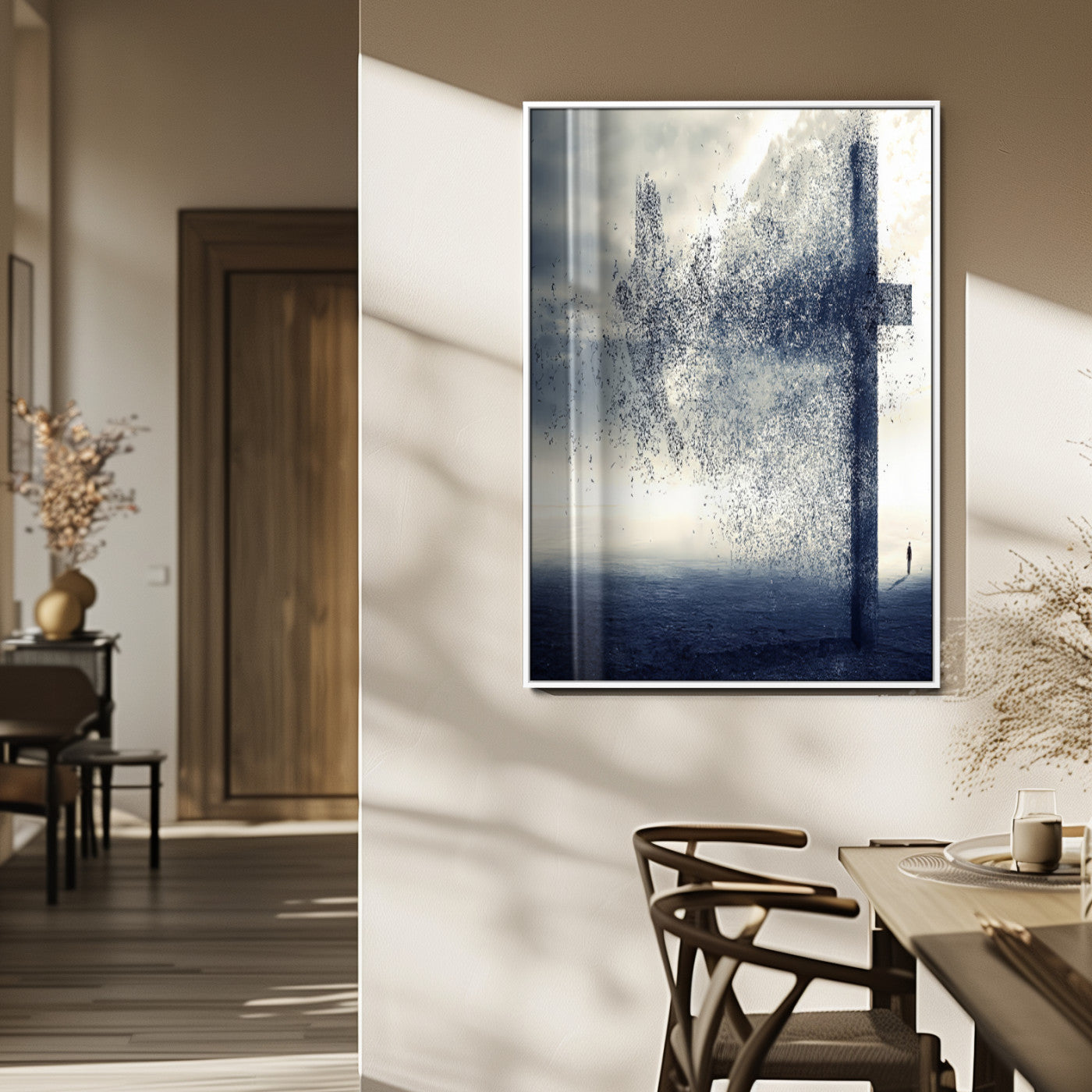 98984-MGV-FP-48X32-3P_White-Disintegrating Cross Wall Art Canvas Print, Framed Abstract Symbol Art Picture Print, Conceptual Horizon Perfect Spiritual