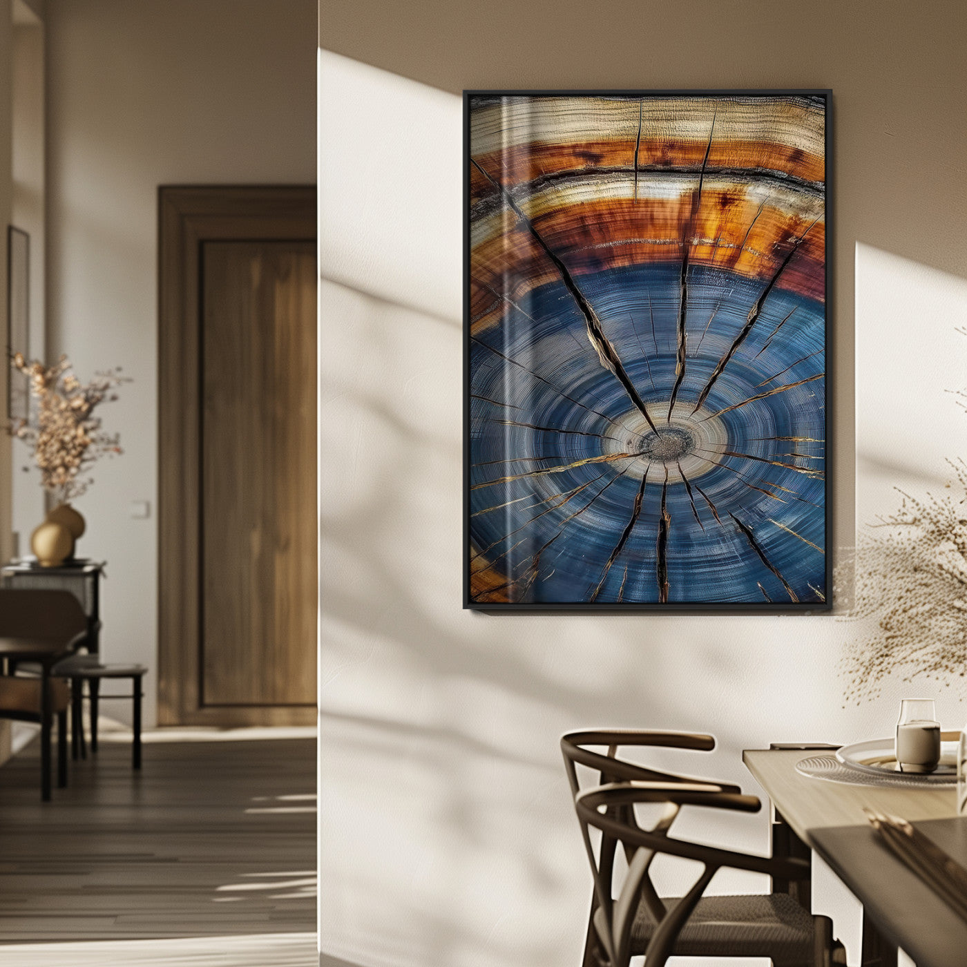 58959380-MGV-CV-24X36-Tree Rings Wall Art Canvas Print, Framed Wood Texture Art Picture Print, Blue Grain Perfect Rustic Modern Decor Artwork