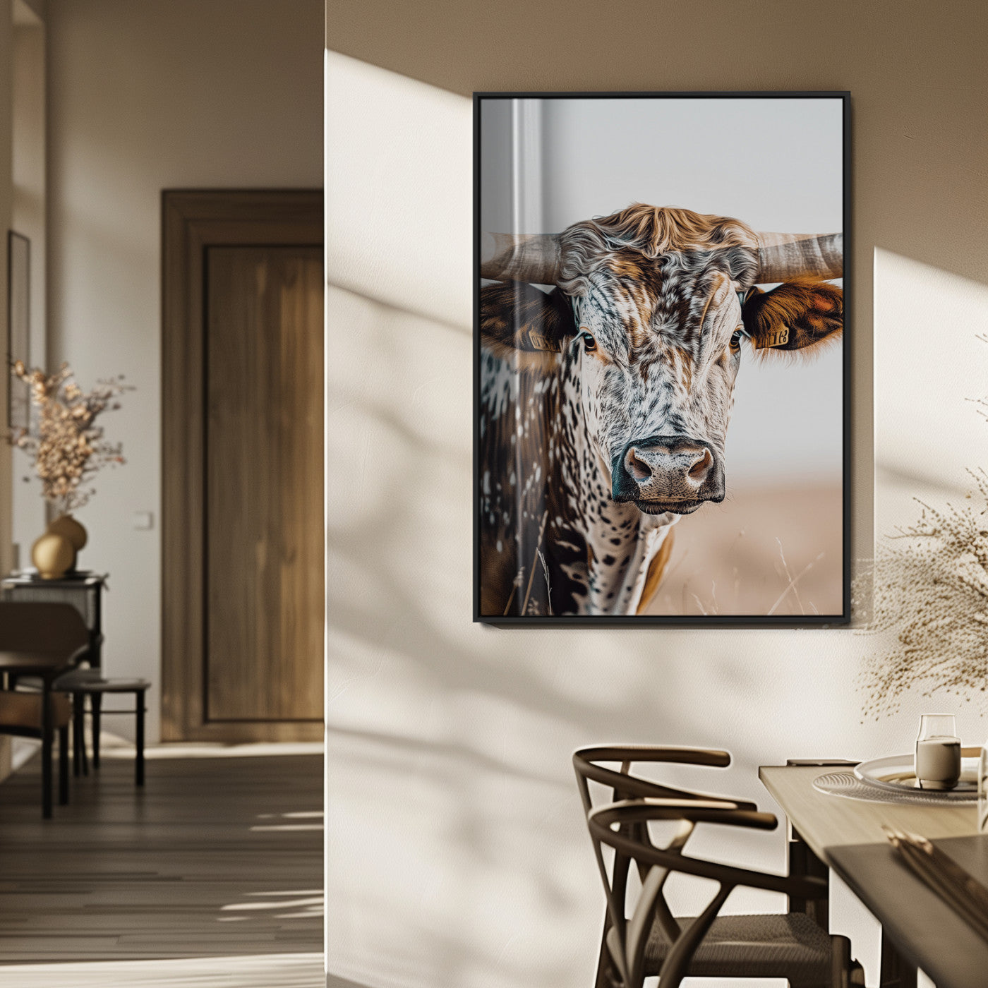 50803532-MGV-CV-24X36-Texas Longhorn Wall Art Canvas Print, Framed Speckled Cow Art Picture Print, Horned Bull Perfect Rustic Western Decor Artwork