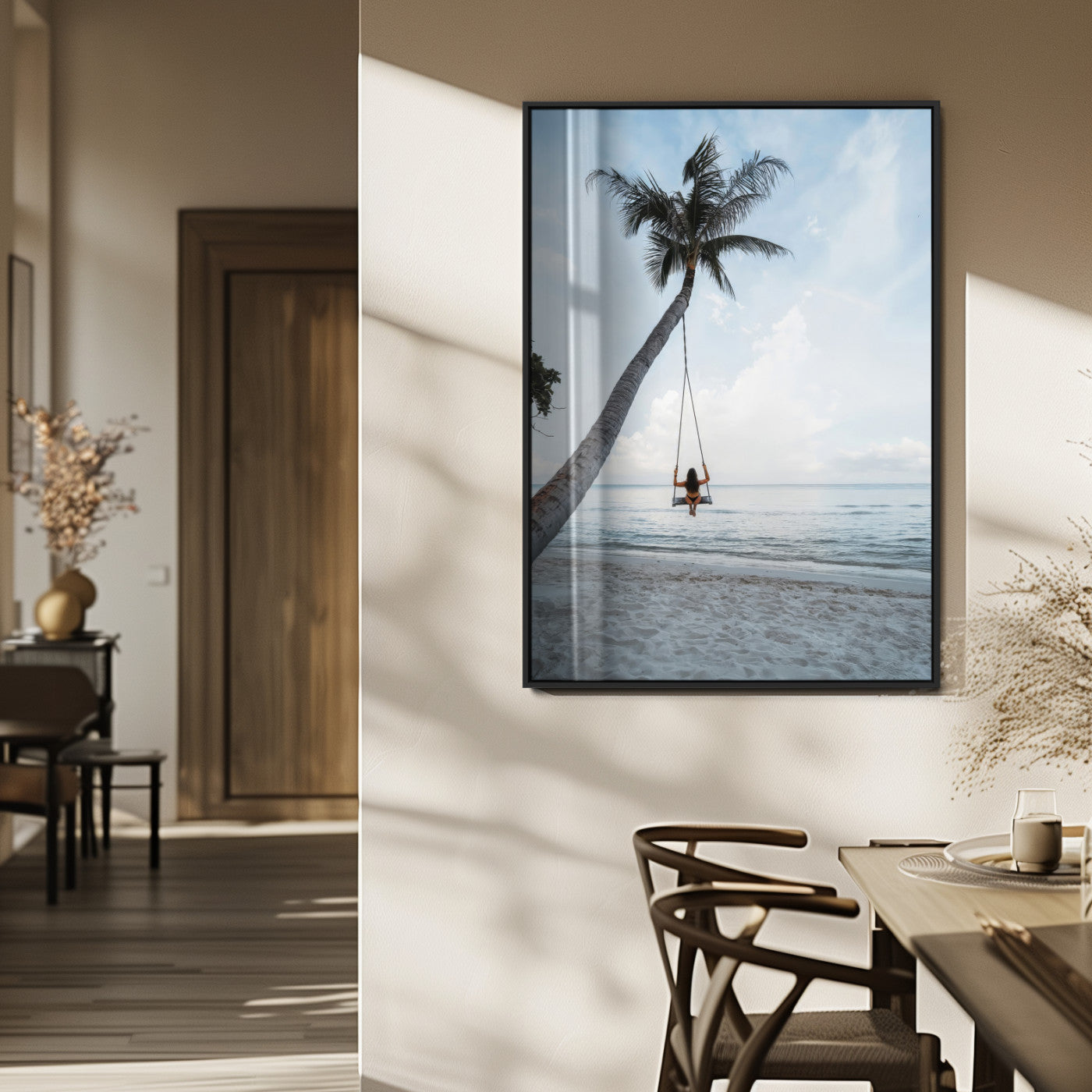 86062249-MGV-FP-48X32-3P_Black-Tropical Swing Wall Art Canvas Print, Framed Ocean Horizon Art Picture Print, Palm Trees Perfect Tropical Minimalist Decor Artwork