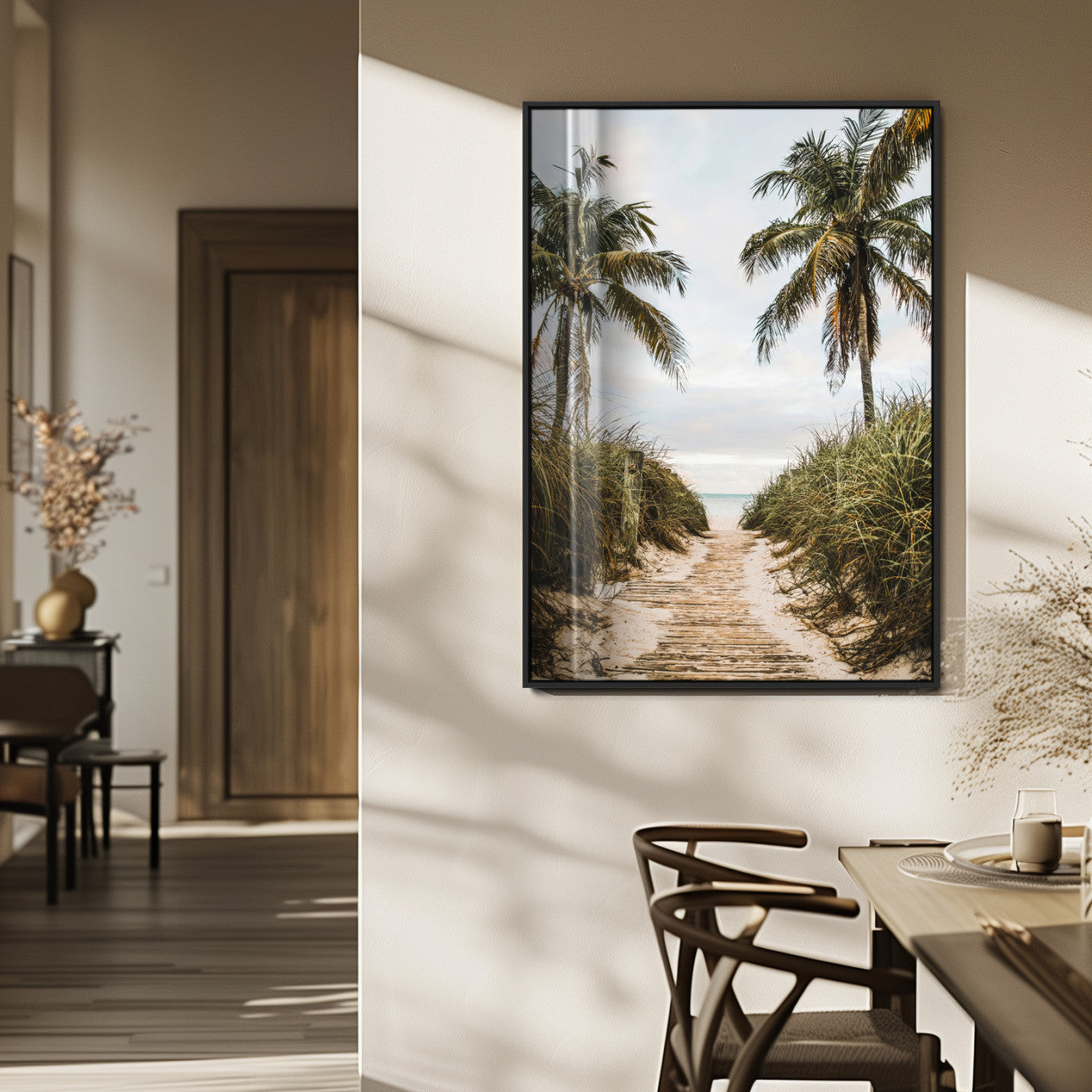 47319550-MGV-CV-24X36-Tropical Beach Wall Art Canvas Print, Framed Rustic Sand Art Picture Print, Palm Tree Perfect Tropical Coastal Decor Artwork