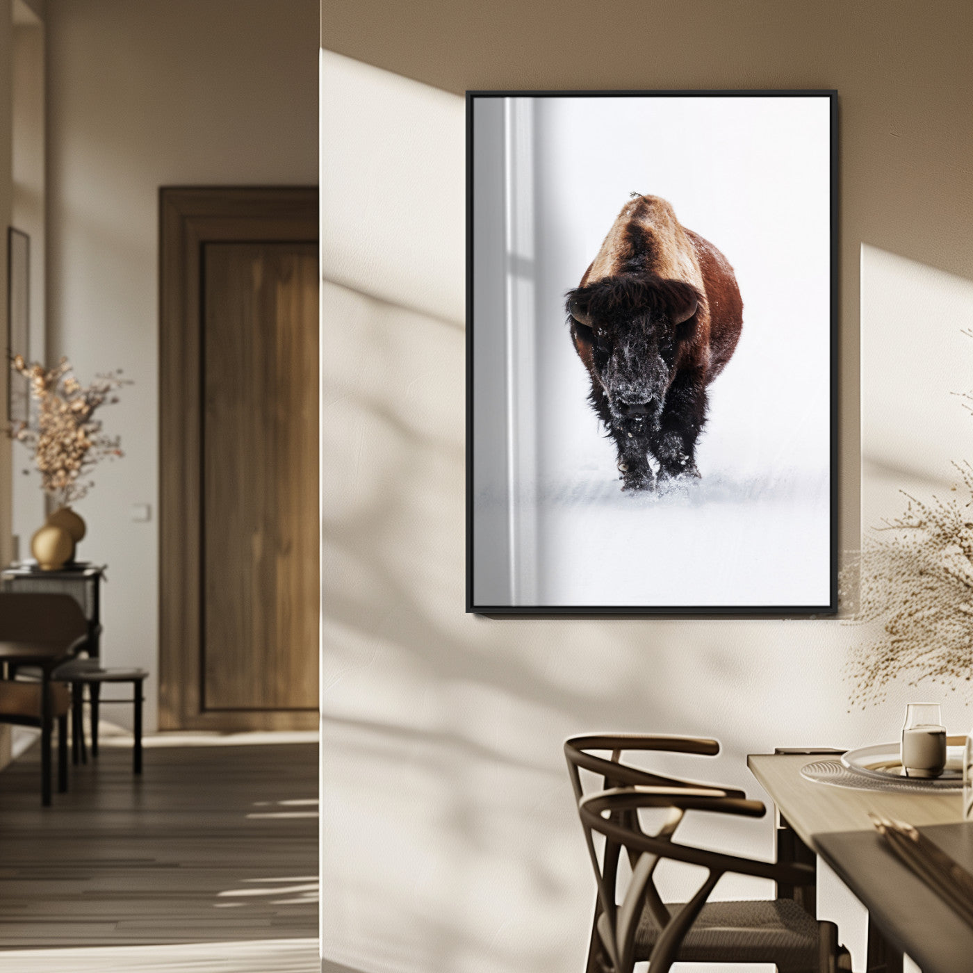 11394883-MGV-CV-24X36-Winter Bison Wall Art Canvas Print, Framed Rustic Wildlife Art Picture Print, Bold Animal Art Perfect Rustic Lodge Decor Artwork