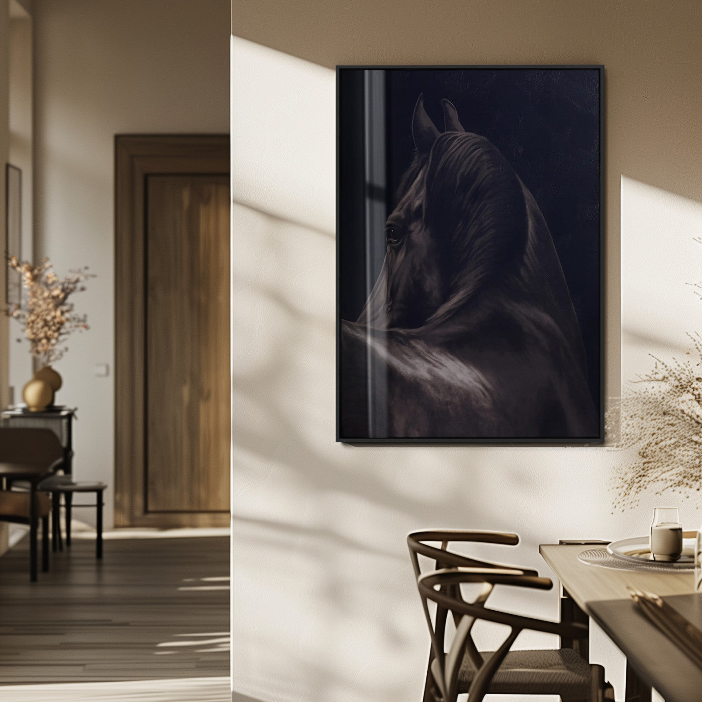 67026880-MGV-FP-48X32-3P_Black-Black Horse Portrait Wall Art Canvas Print, Framed Moody Horse Decor Art Picture Print, Equestrian Wall Style Perfect Masculine