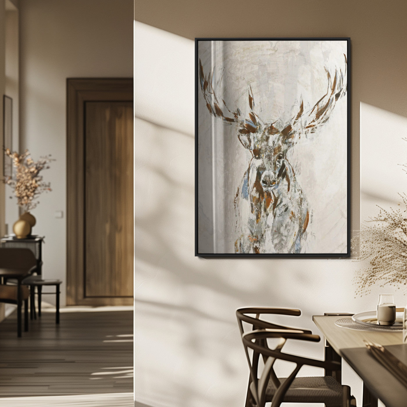 79642067-MGV-FP-48X32-3P_Black-Abstract Deer Wall Art Canvas Print, Framed Lodge Style Decor Art Picture Print, Rustic Animal Wall Perfect Lodge Cabin Style