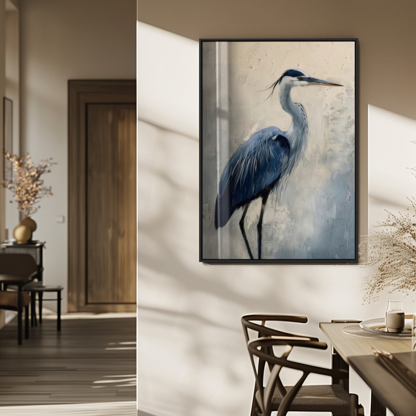 51380726-MGV-FP-48X32-3P_Black-Blue Heron Decor Wall Art Canvas Print, Framed Coastal Bird Design Art Picture Print, Minimal Heron Portrait Perfect Coastal