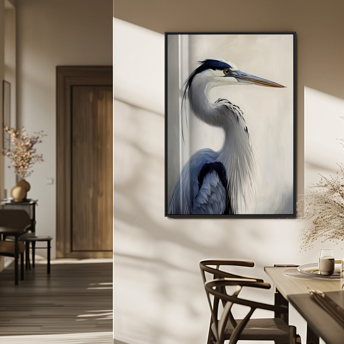 79581184-MGV-CV-24X36-Blue Heron Wall Art Canvas Print, Framed Elegant Wildlife Art Picture Print, Minimalist Bird Theme Perfect Coastal Minimalist