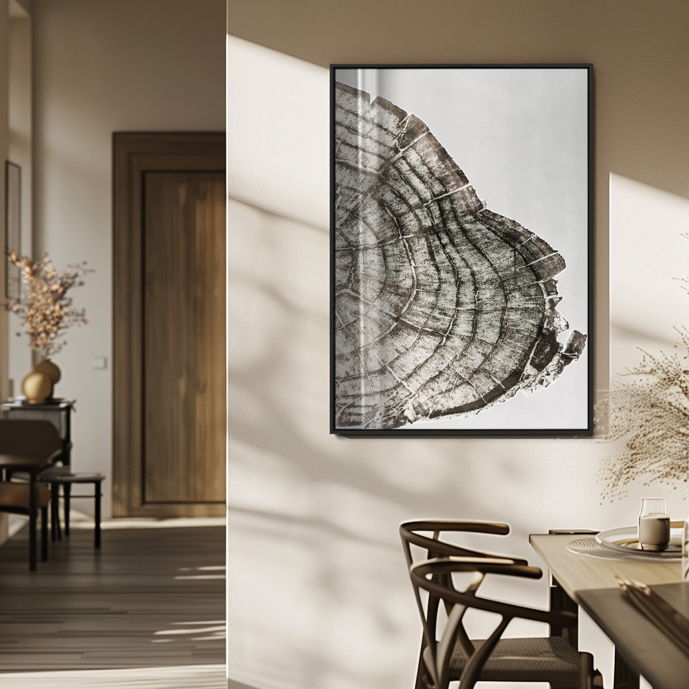 57798204-MGV-FP-48X32-3P_Black-Botanical Tree Ring Wall Art Canvas Print, Framed Earth Tones Art Picture Print, Tree Ring Canvas Perfect Scandinavian Minimalist