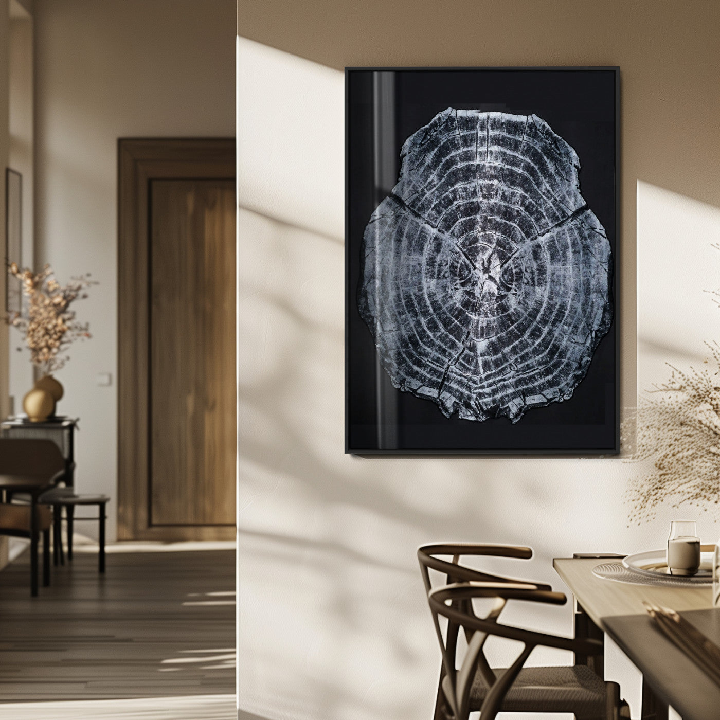 67859667-MGV-FP-48X32-3P_Black-Tree Ring Wall Art Wall Art Canvas Print, Framed Wood Slice Canvas Art Picture Print, Monochrome Nature Decor Perfect Modern