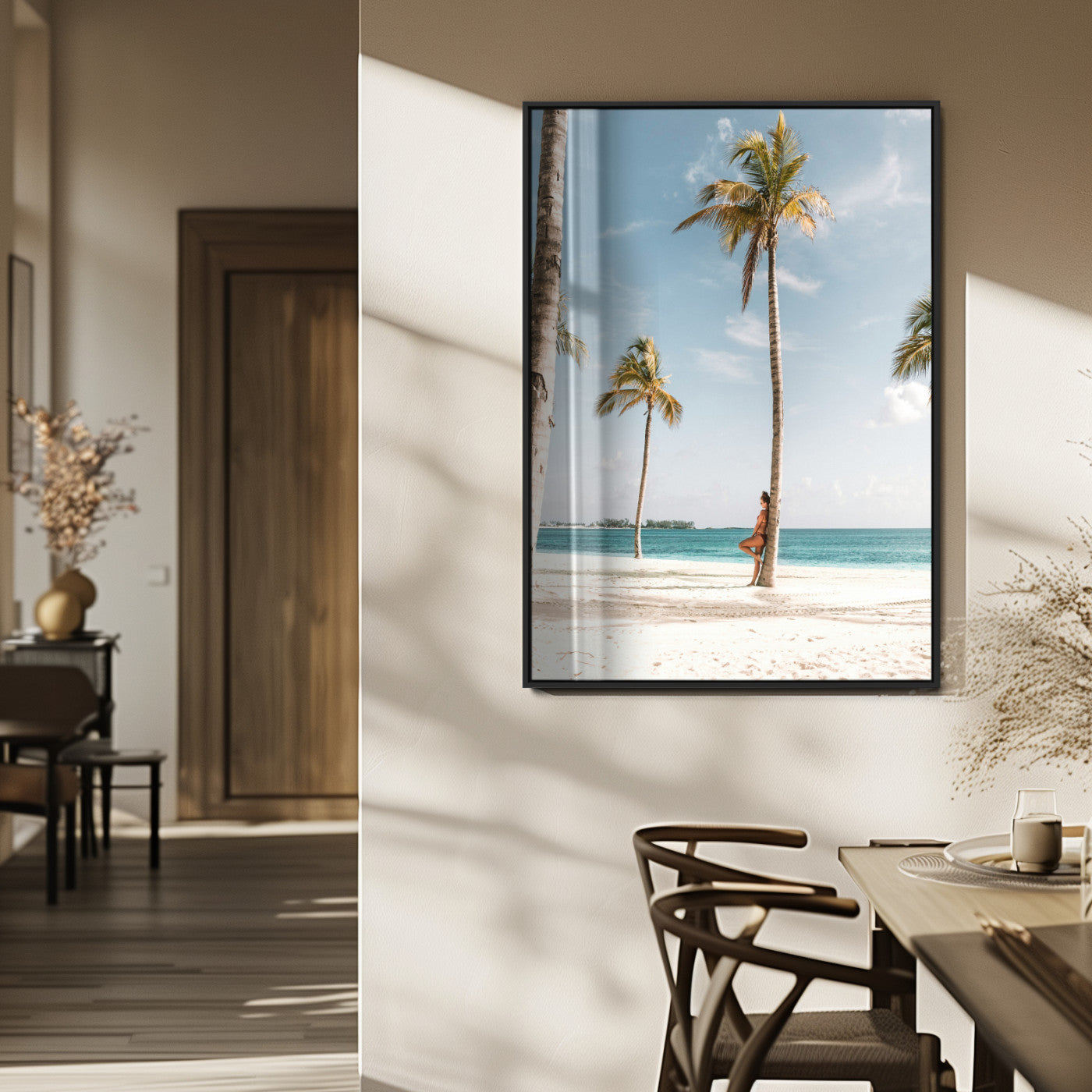 27750035-MGV-FP-48X32-3P_Black-Tropical Beach Scene Wall Art Canvas Print, Framed Palm Tree Photography Art Picture Print, Island Paradise Decor Perfect Coastal